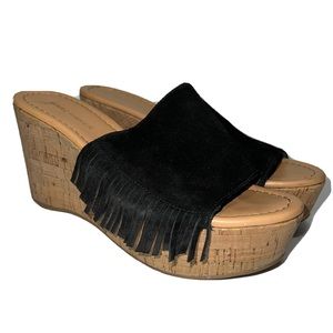 MARC FISHER Women's Cork Wedge Black Suede Fringe Sandals "Shawni" Size US 7M